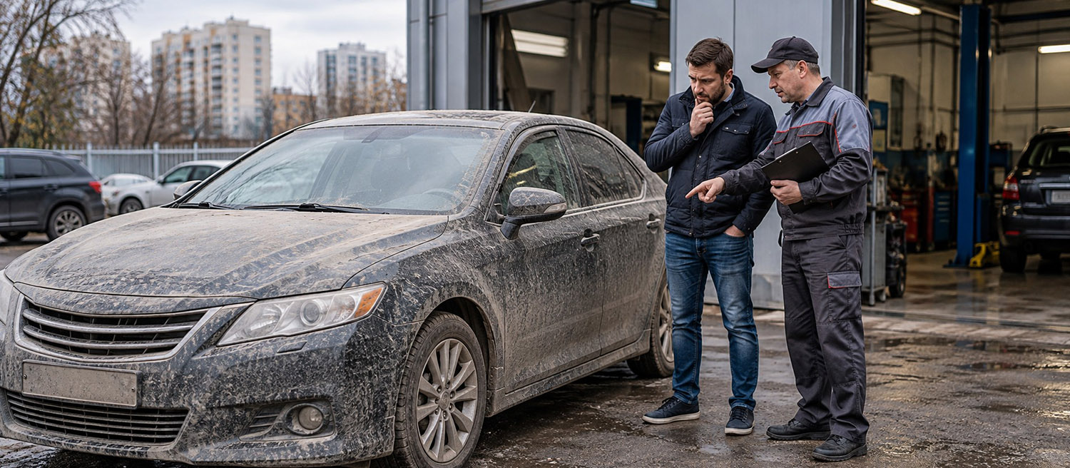 Осмотр стоявшего автомобиля перед выбором способа продажи