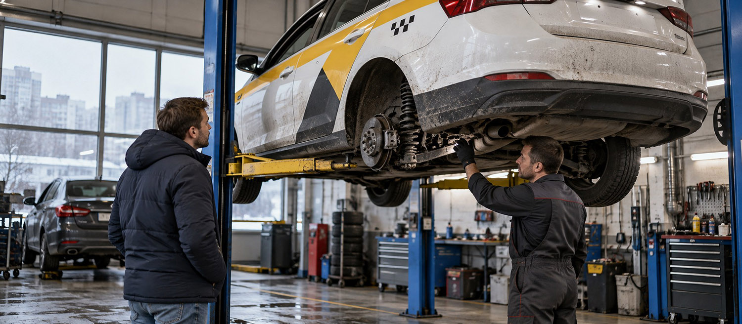 Осмотр ходовой части автомобиля в сервисе перед продажей